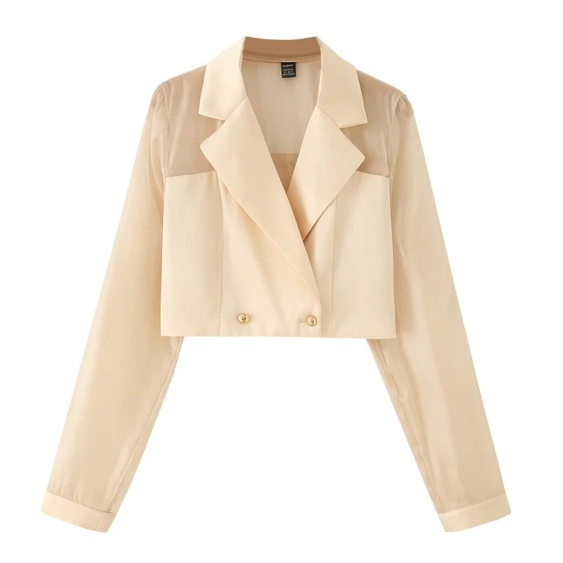 

KEYANKETIAN Summer New Women's Perspective Organza Splicing Satin Double breasted Short Style Lightweight Suit Women Coat