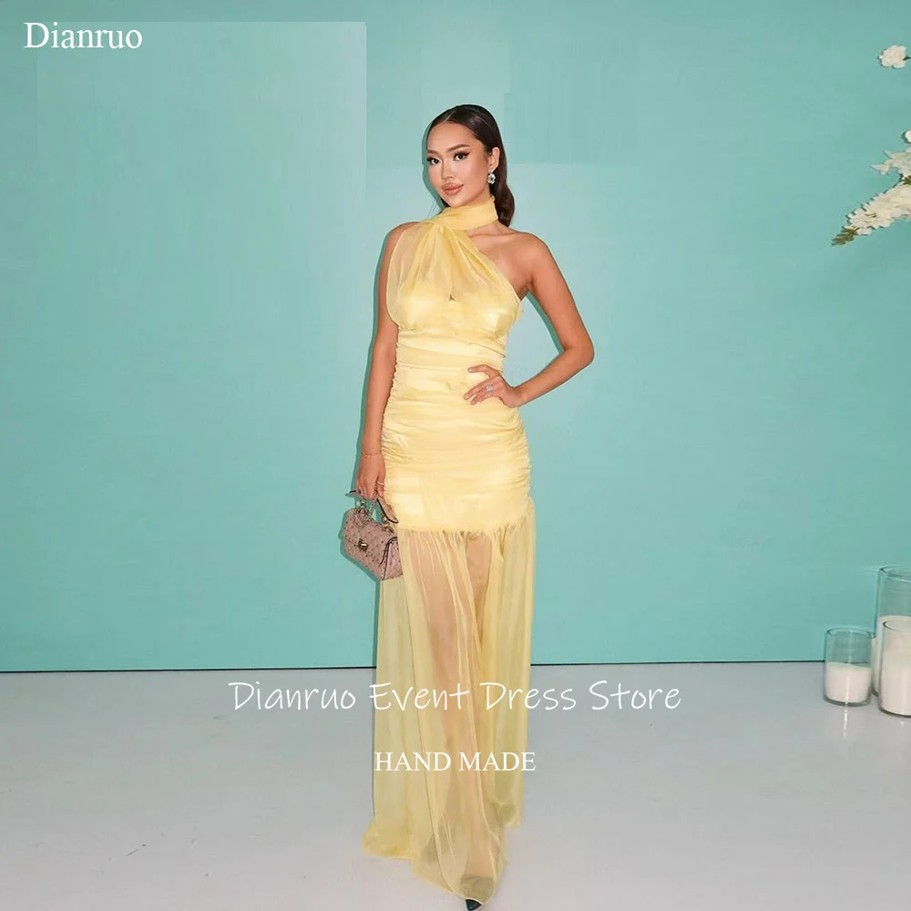 فساتين سهرة Dianruo Airy Yellow رسن على شكل حرف A بدون أكمام فساتين حفلات مكشكشة الوهم فلوي نادي مسائي مخصص