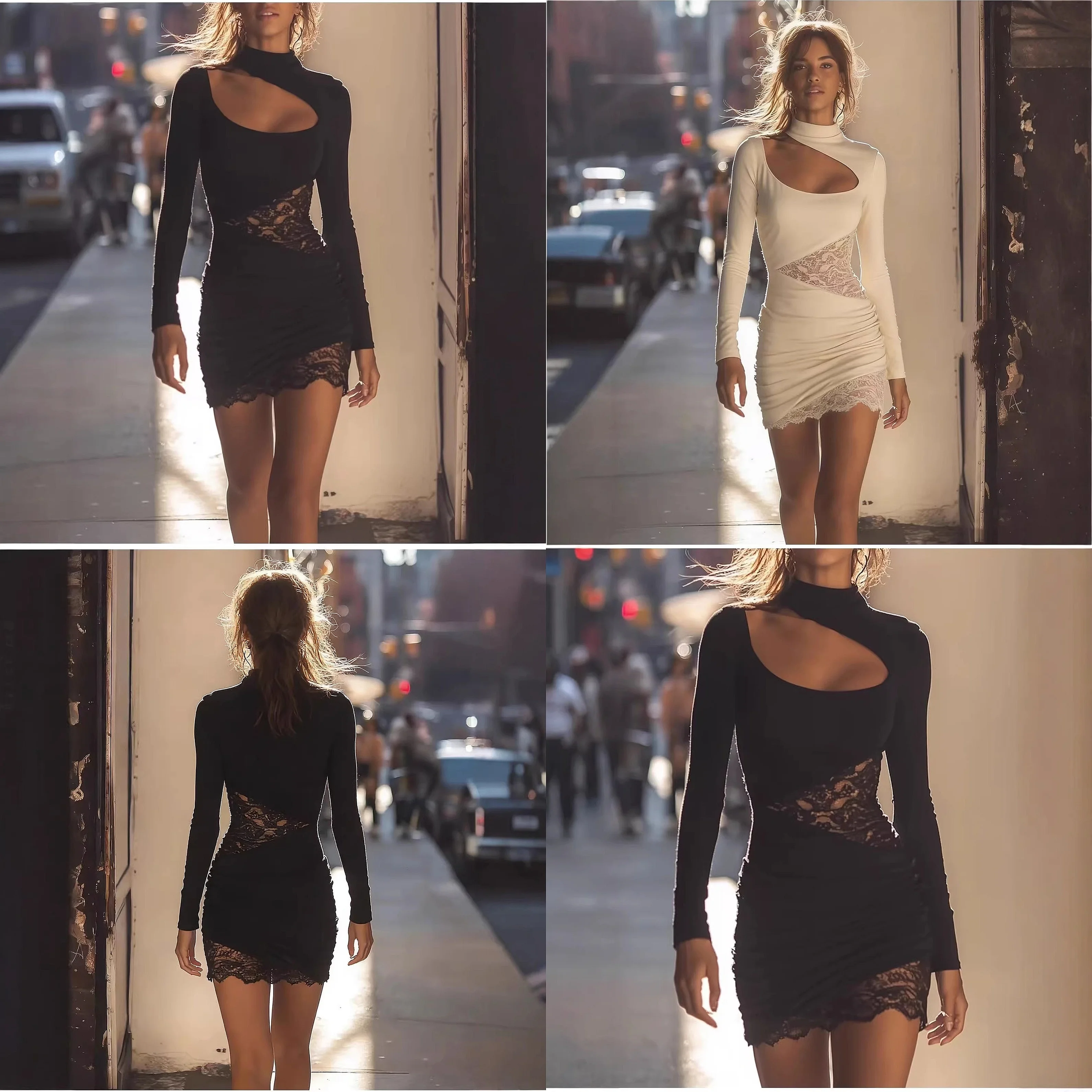 

Women's Elegant Lace Trim Short Mini Dress Semi High Neck Long Sleeve Spring Summer Dresses