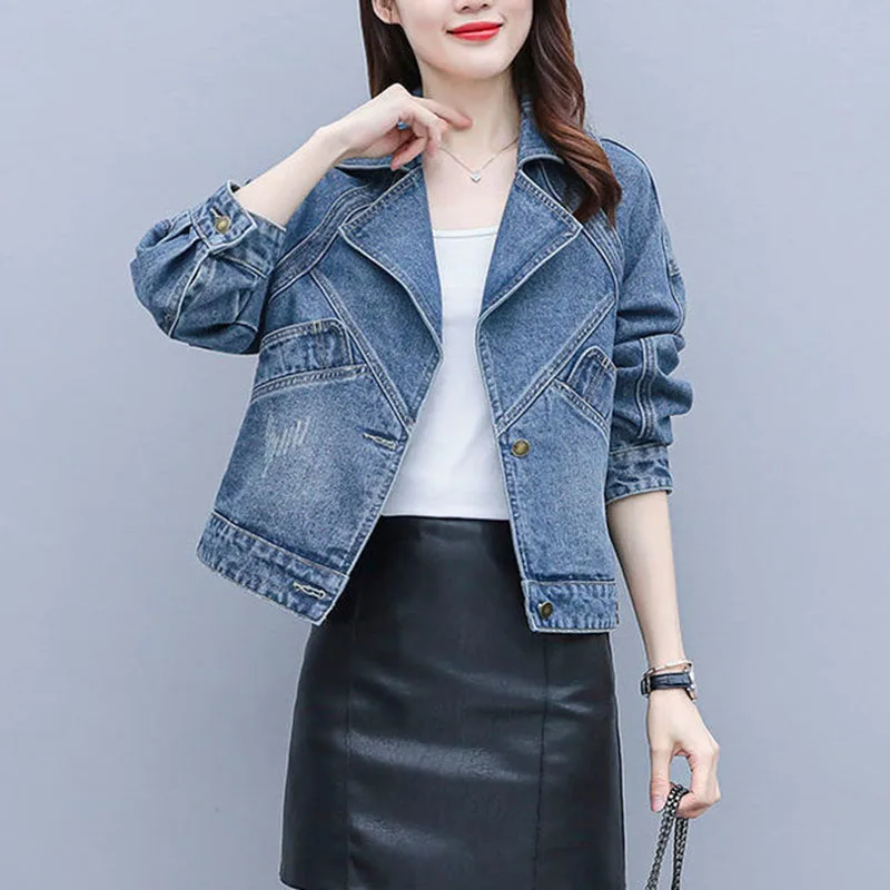 2024 Vintage Denim Jacket Women Spring Autumn Korean Casual Female Outerwear Fashion Suit Collar Short Jean Jacket