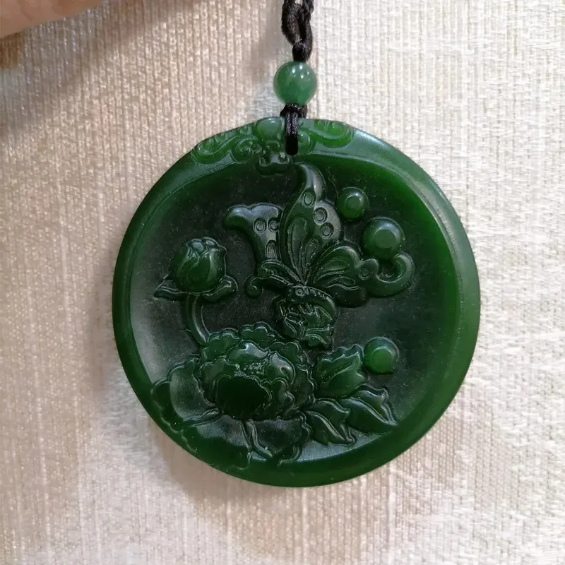

Natural Green Hand-carved Butterfly Peony Jade Pendant Fashion Boutique Jewelry Men and Women's Butterfly Love Flower Necklace