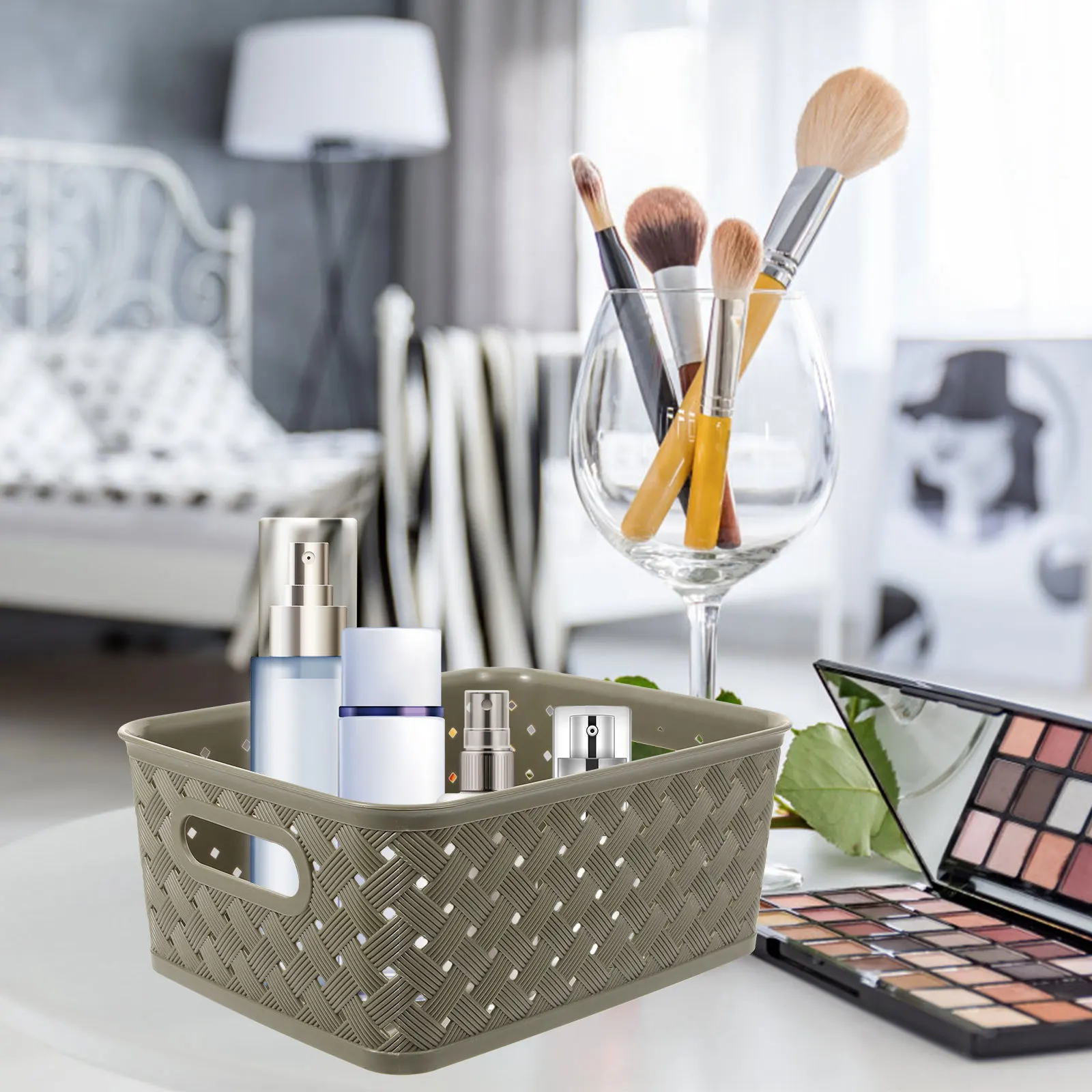 3Pcs Woven Basket Handle Desktop Organizer Sundries Storage Bin Multipurpose Basket Kitchen Office Bathroom Woven Storage Bin