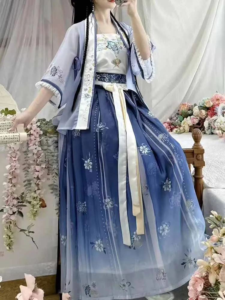 

2025 Summer Hanfu Dress Women Chinese Vintage Blue Embroidered Hanfu Dress Female Cosplay Costume Party Outfit Plus Size 6XL