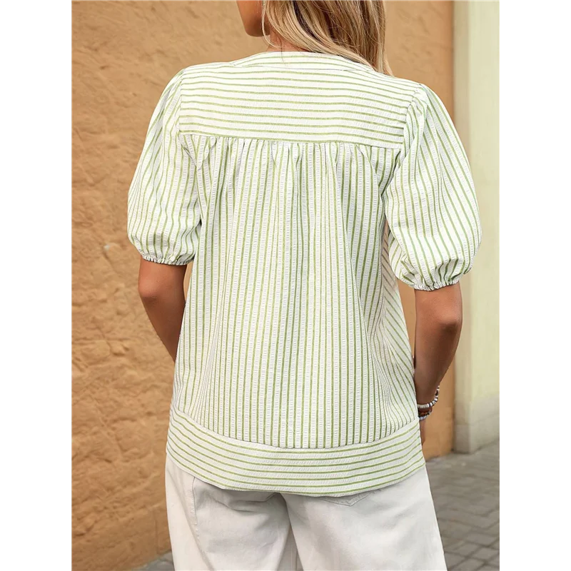 

AG-Womens Short Puff Sleeve Striped Blouses Top V Neck Loose Fit Casual Summer Work Blouses Striped Shirt