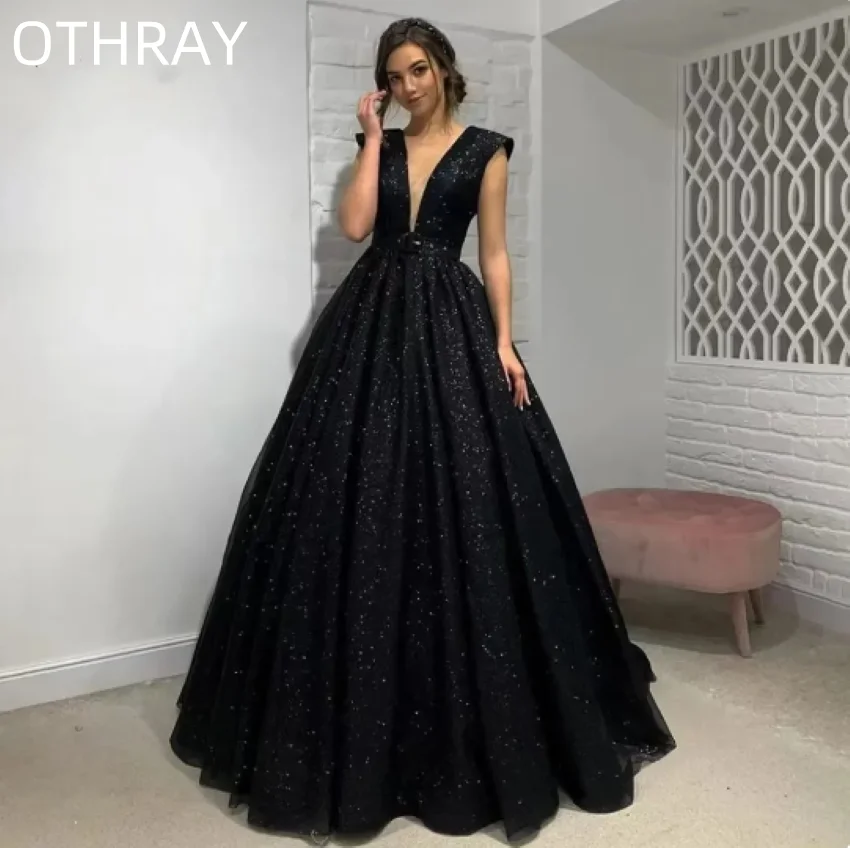 Тюлевое платье длиной до пола с v-образным вырезом Vestidos De Festa для выпускного вечера Элегантное черное сексуальное блестящее вечернее платье трапециевидной формы без рукавов с пайетками