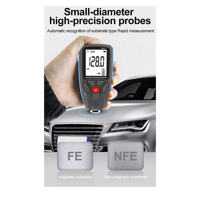 AT05-YD771 1300Um Fe/Nfe Coating Tester Digital Thickness Gauge With Backlight Display For Car Paint Film Measurement Meter