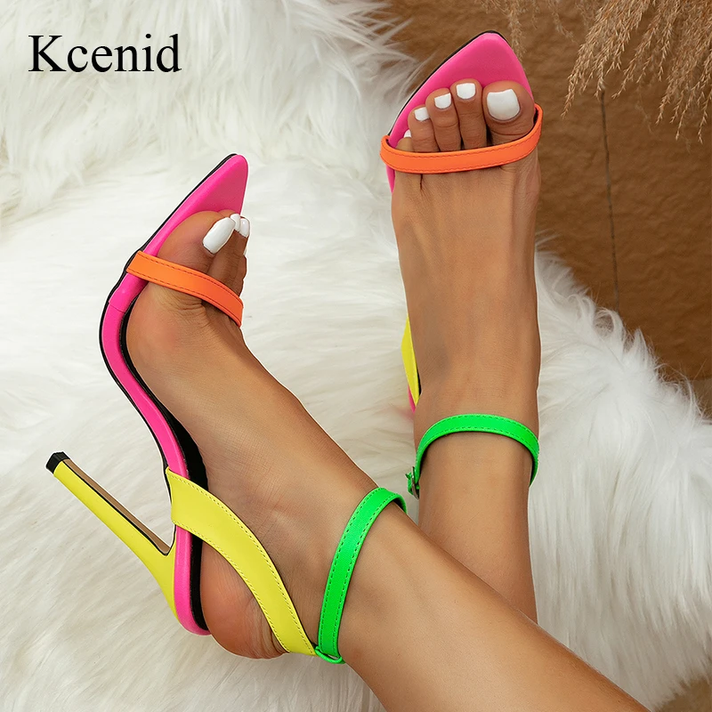 

Kcenid Mixed Colors Street Style Women Summer Sandals High Heels Fashion Pointed Toe Shoes Woman Summer Ankle Strap Party Shoes