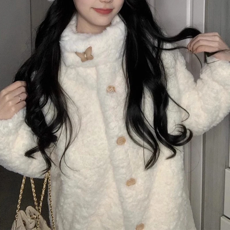 Winter Faux Shearling Coat Women Sweet Stand Collar Thick Warm Mid Length Coat Cute Butterfly Button Soft Off White Outwear Tops