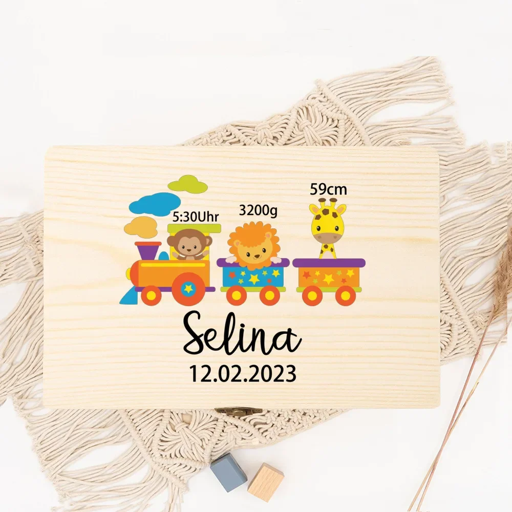 Personalized Baby Forest Animals Train Print Toddler Memory Box Kids Wooden Boxes Custom Infant Keepsake Box Baby Shower Gift