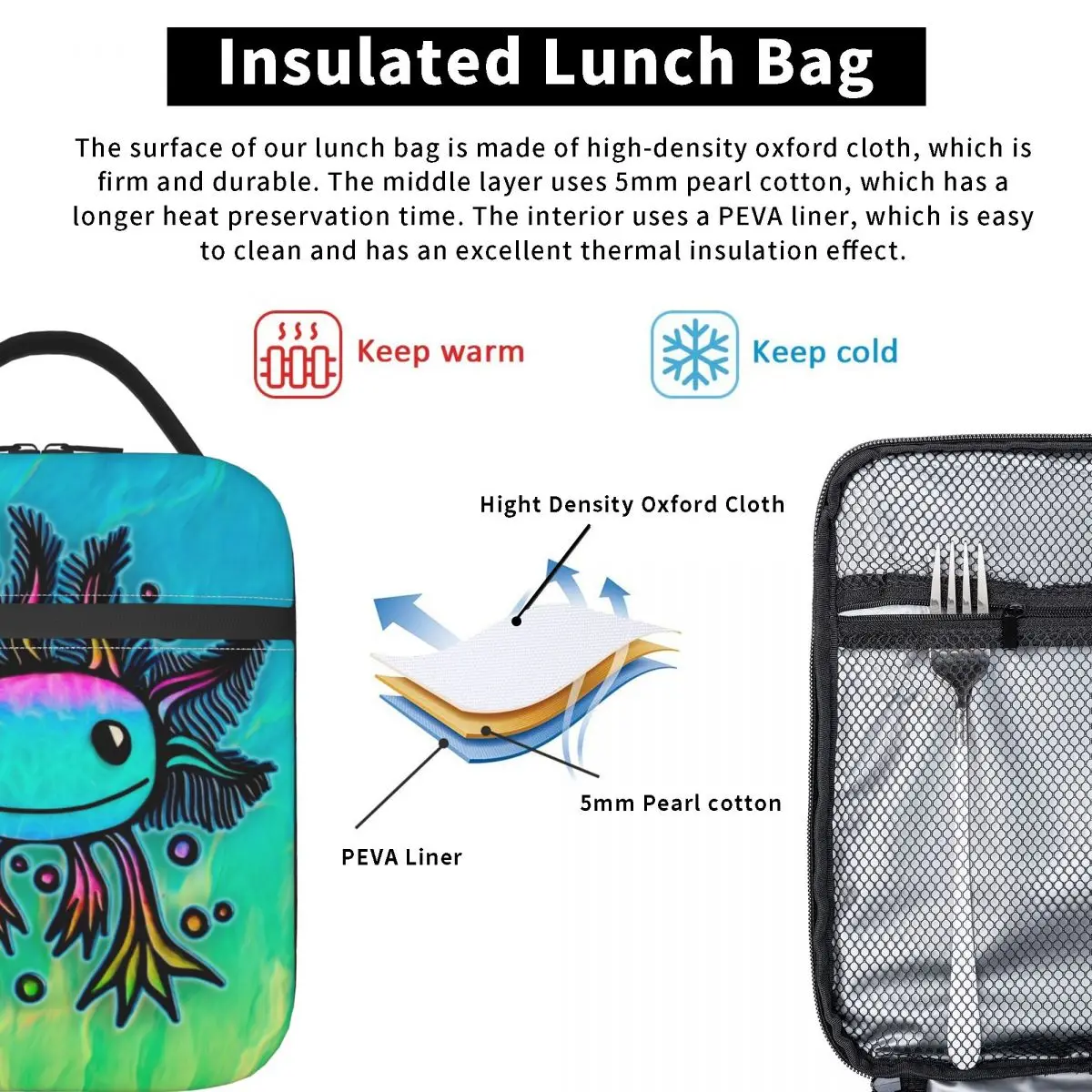 Esotico Axolotl Resuable Lunch Boxs Impermeabile Salamandra Animale Dispositivo di raffreddamento termico Borsa per il pranzo isolata per alimenti