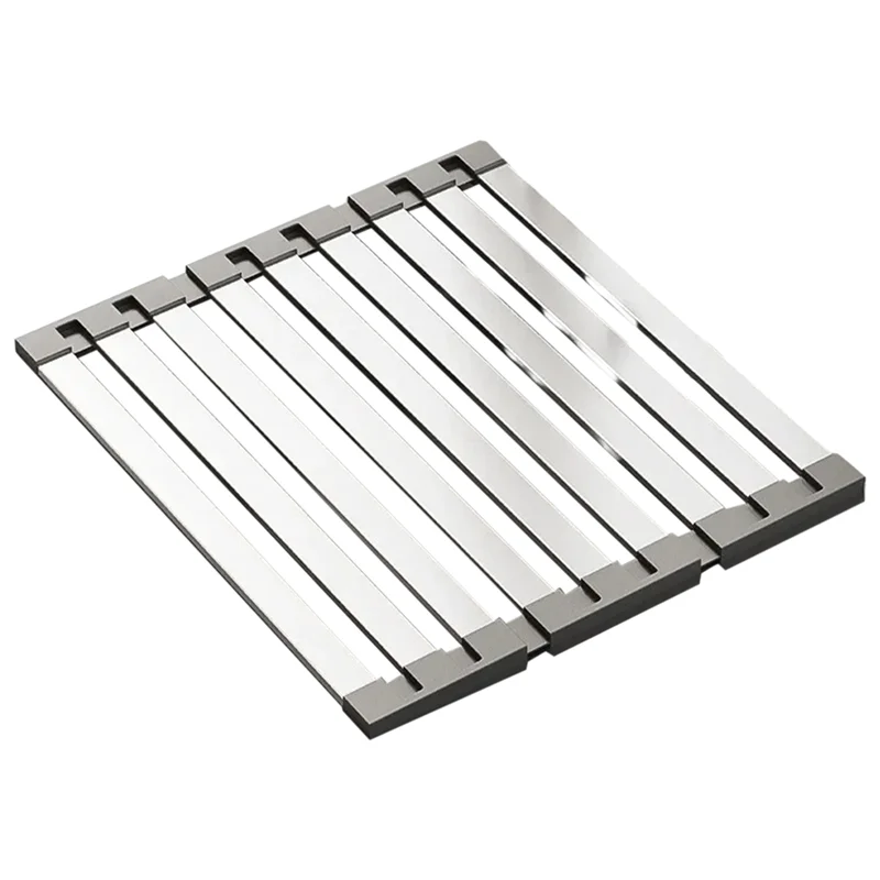 RMWIN-접이식 스테인리스 식기 건조대, 주방 싱크대용, 싱크대 위 배수구, 카운터 수납 랙 드레이너