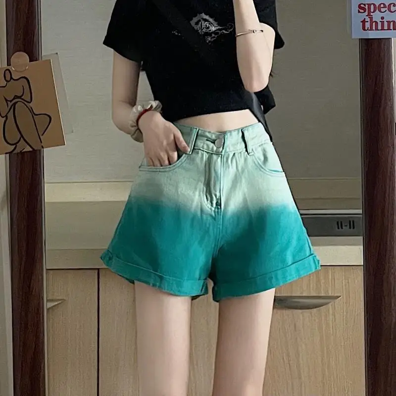 Fashion Women Shorts Loose High Waist Short Pants Casual Gradient Denim Shorts Summer Wide Leg Short Jeans Female Lady Clothing