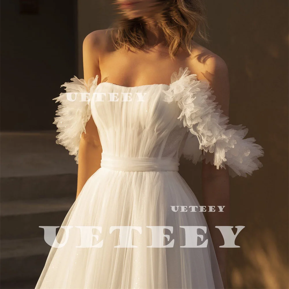 UETEEY Customized Flowers Pleats Fairy Off Shoulder Tulle Wedding Dress Boat Neck A Line Lace Up Back Court Train Bridal Gown