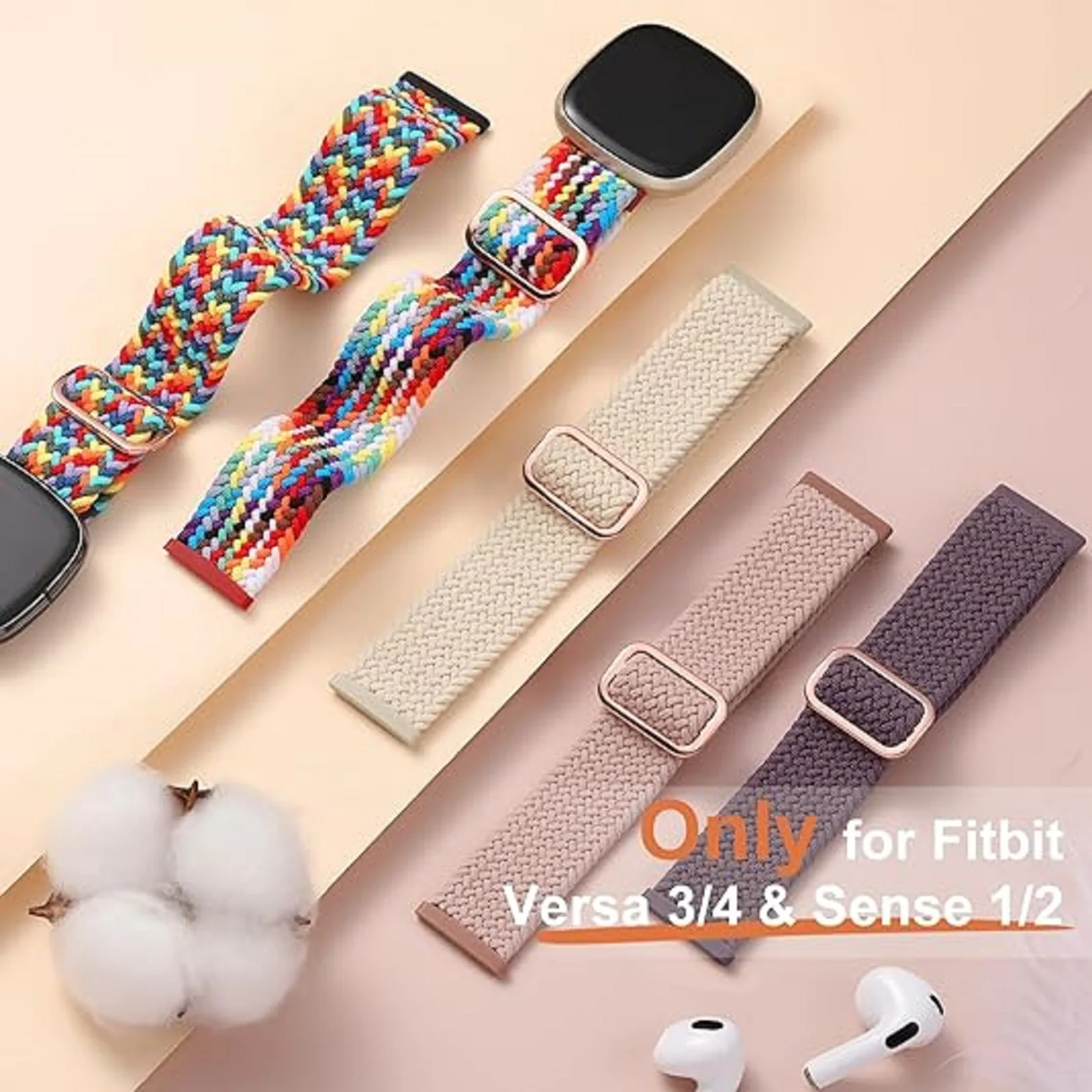 Adjustable Stretchy Solo Loop Nylon Replacement Watchband, Sport Bands,Compatible with Fitbit Versa 3, Versa 4, Sense 2, Sense