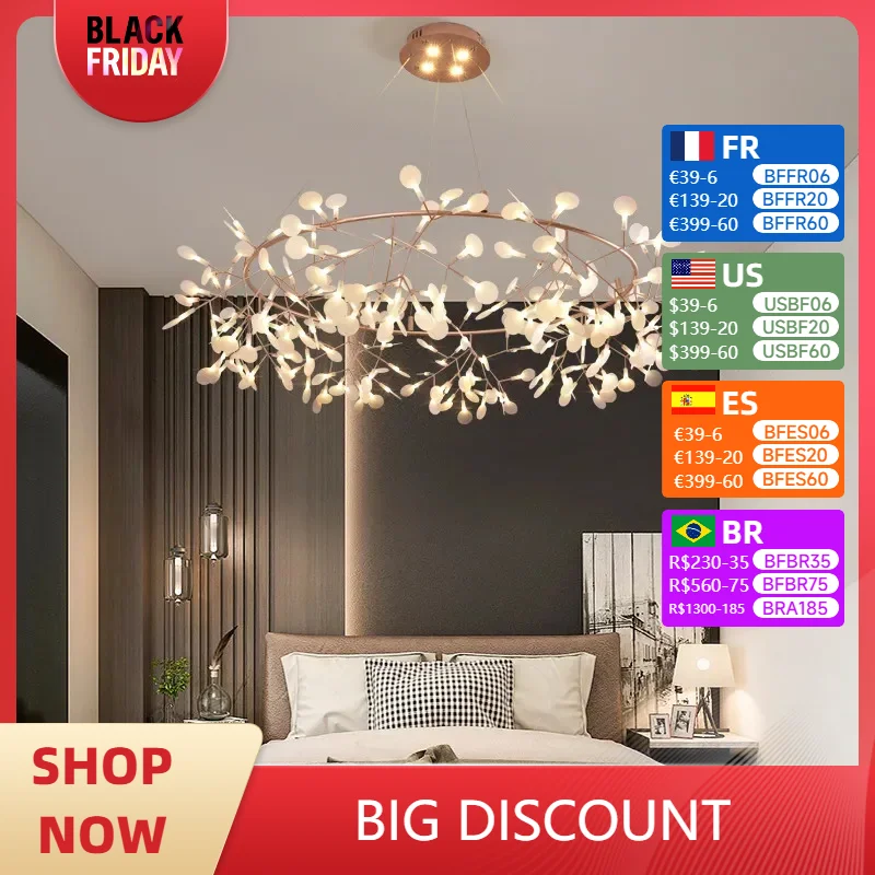 Nordic Firefly Romantic Chandelier Stylish Tree Branch Metal Round Pendant Light Dining Room Living Room Decoration Fixture