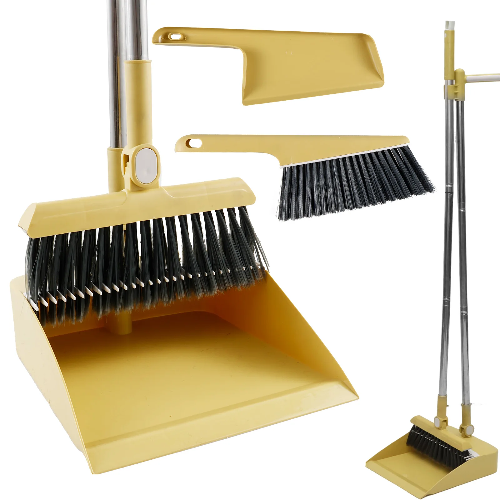 4Pcs Broom and Dustpan Set with Long Handle Stainless Steel Broom Dustpan Combo with Desktop Cleaning Brush Set 51.2 Inch