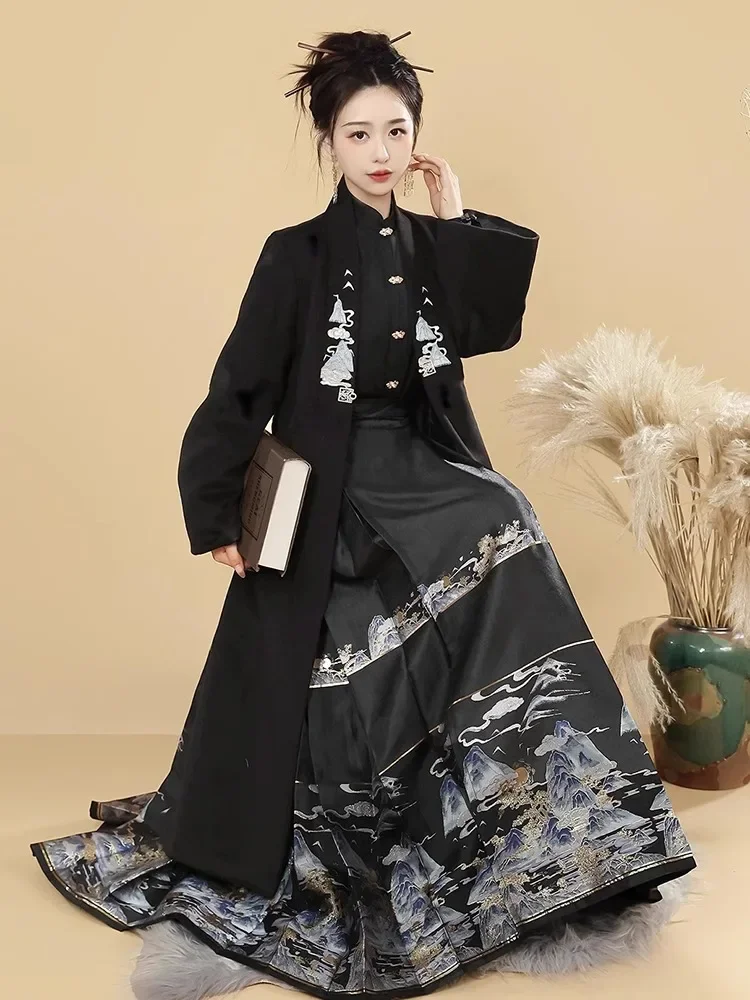 Hanfu women's improved new Chinese style Han element woven gold horse dress jacket woolen coat spring and autumn