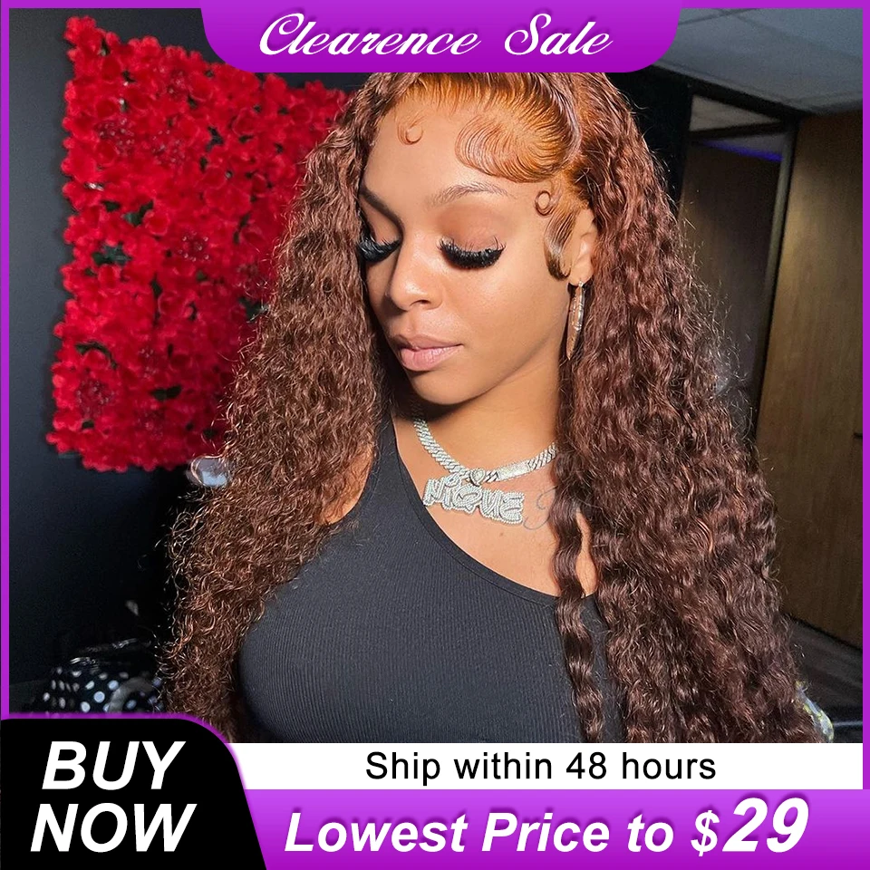 

180 Density 4x4 Lace Closure Curl Wave Human Hair Wigs Transparent #4 Brown Colored Deep Curl Wig Clearence Sale Wigs for Women