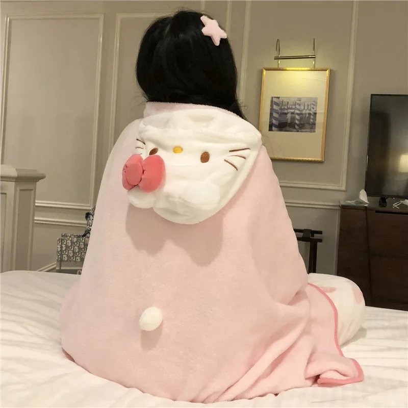 Kawaii Sanrio Anime Hello Kitty Autumn and Winter Hooded Shawl Blanket Cartoon Cape Blanket Thickened Cape Office Nap Blanket