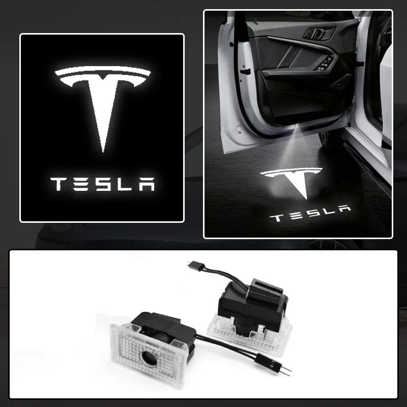 2Pcs Car Door LED Logo Projector Puddle Lights Welcome Light 3D Laser Ghost Shadow Light For Tesla Model Y Mode3 S X Accessories