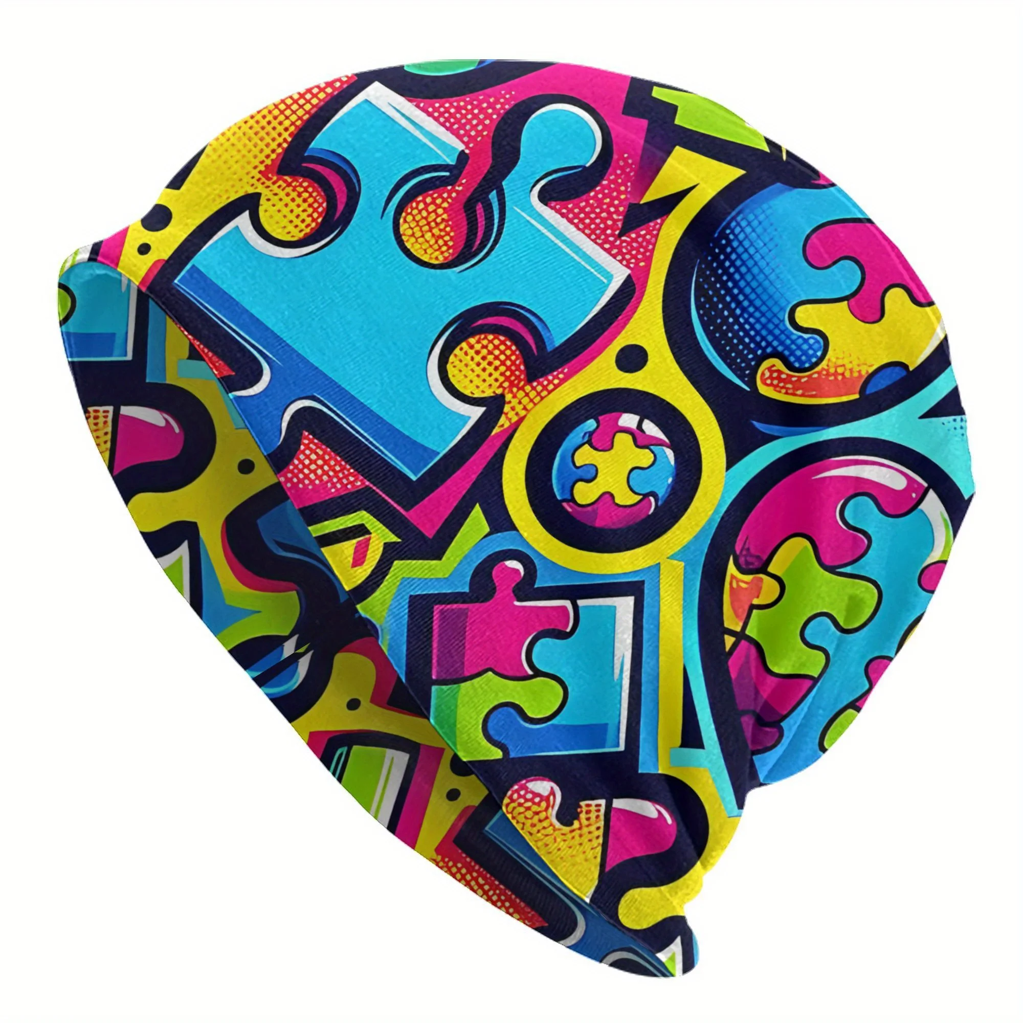 Autism Awareness Colorful Puzzle Piece Beanie - Lightweight Knit Cap, Funky Pop Art Design, Warm Hip Hop Style