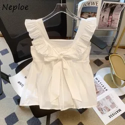 Neploe Elegant Sweet Square Collar White Blouses 2024 New Ruffles Flying Sleeve Shirts Summer Backless Bow Vest for Women