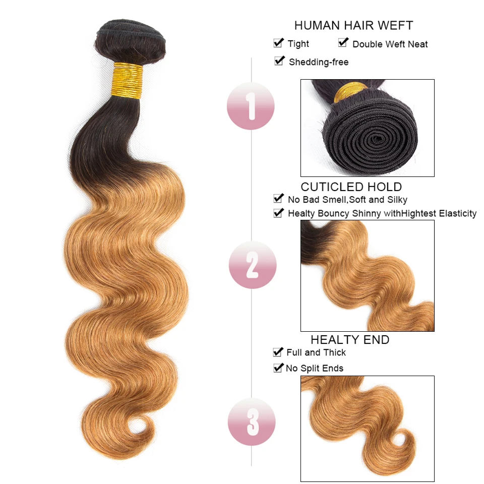 HairUGo T1B/27 Omber Blonde Body Wave Bundles Brazilian Human Hair Weaving Remy Hair Bundles Colored Human Hair Weave Dyed Roots