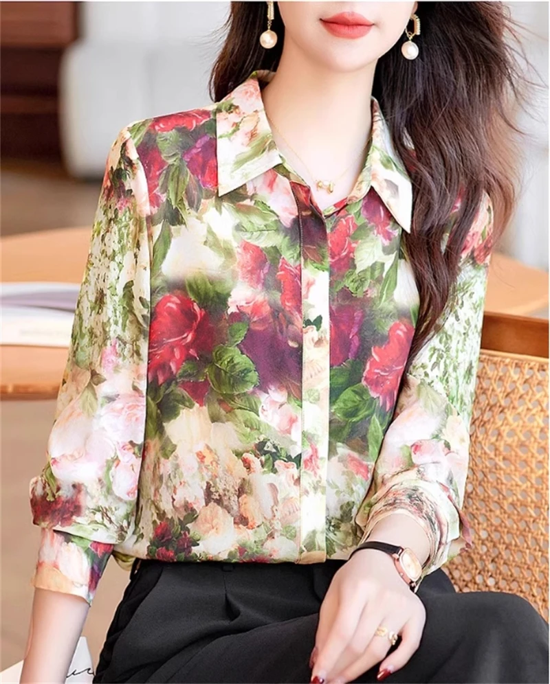 FANIECES S-3XL Vintage Rose Print Women Shirts Elegant Luxury Tops Autumn Long Sleeve Lapel Single-breasted Retro Blouse camisa