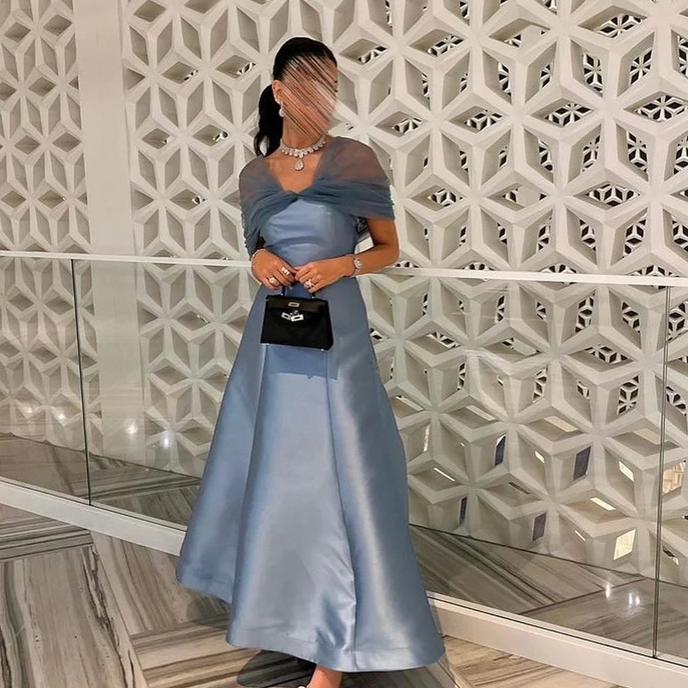 

Dubai Evening Caftan Dress Off the Shoulder Straight Satin Short Sleeves Tea Length Pleats Panel Train Crystal Quinceanera Gowns