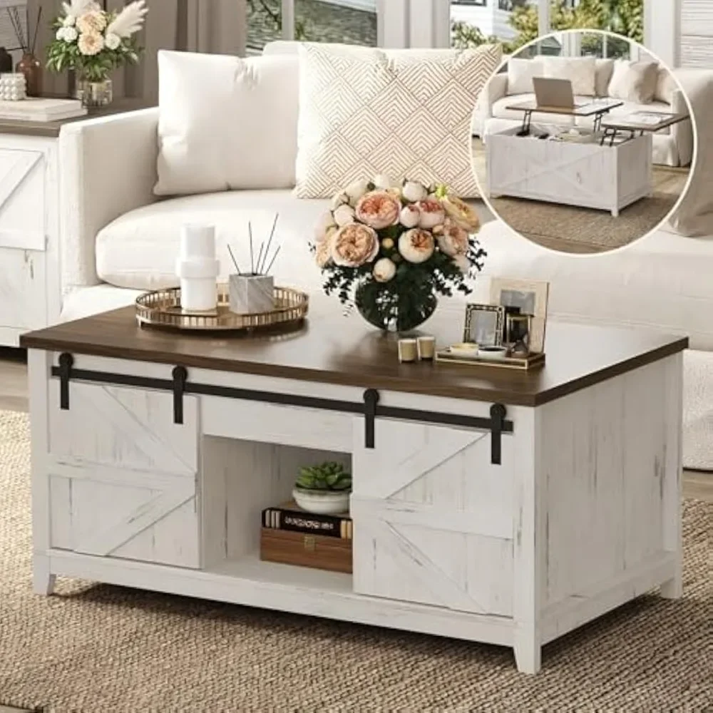 Farmhouse Double Lift Top Coffee Table with Sliding Barn Doors, Wood Square Center Table with Large Hidden Storage Space，White