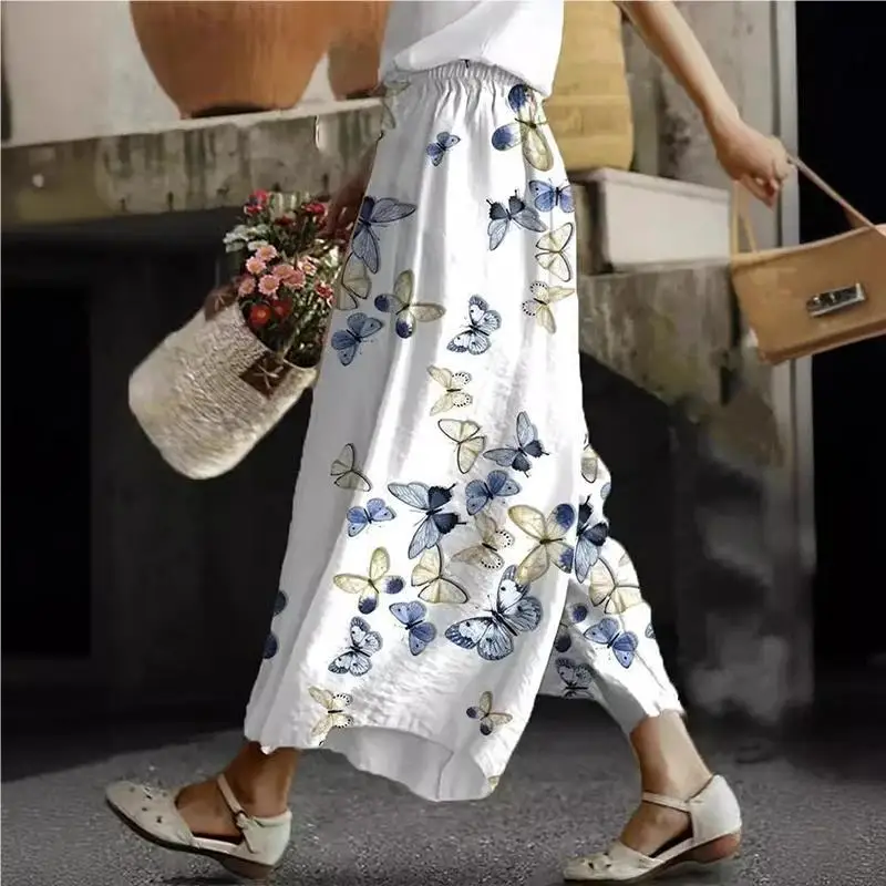 2024 ethnischen Retro-Print Frauen Mitte der Taille weites Bein Hosen Sommer Dame lässig lose Hosen Französisch Stil modische Pendel hose