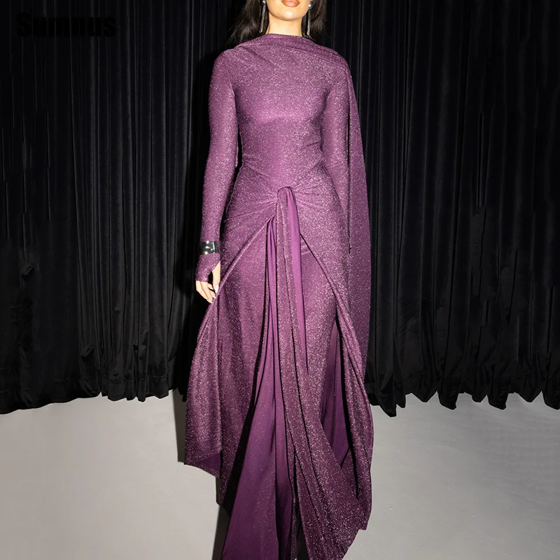 

Sumnus Sparkly Mermaid Evening Dresses Purple High Neck Pleats Full Sleeves Formal Dresses فساتين سهرات Customized