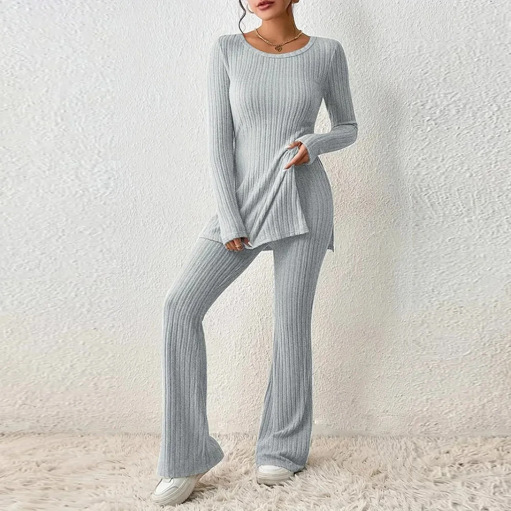 Autumn Winter Women Knit Two Piece Sets Solid Color Sexy Slit Casual Slim Suit Long Sleeve O-neck Tops+Pants Fashion Streetwear