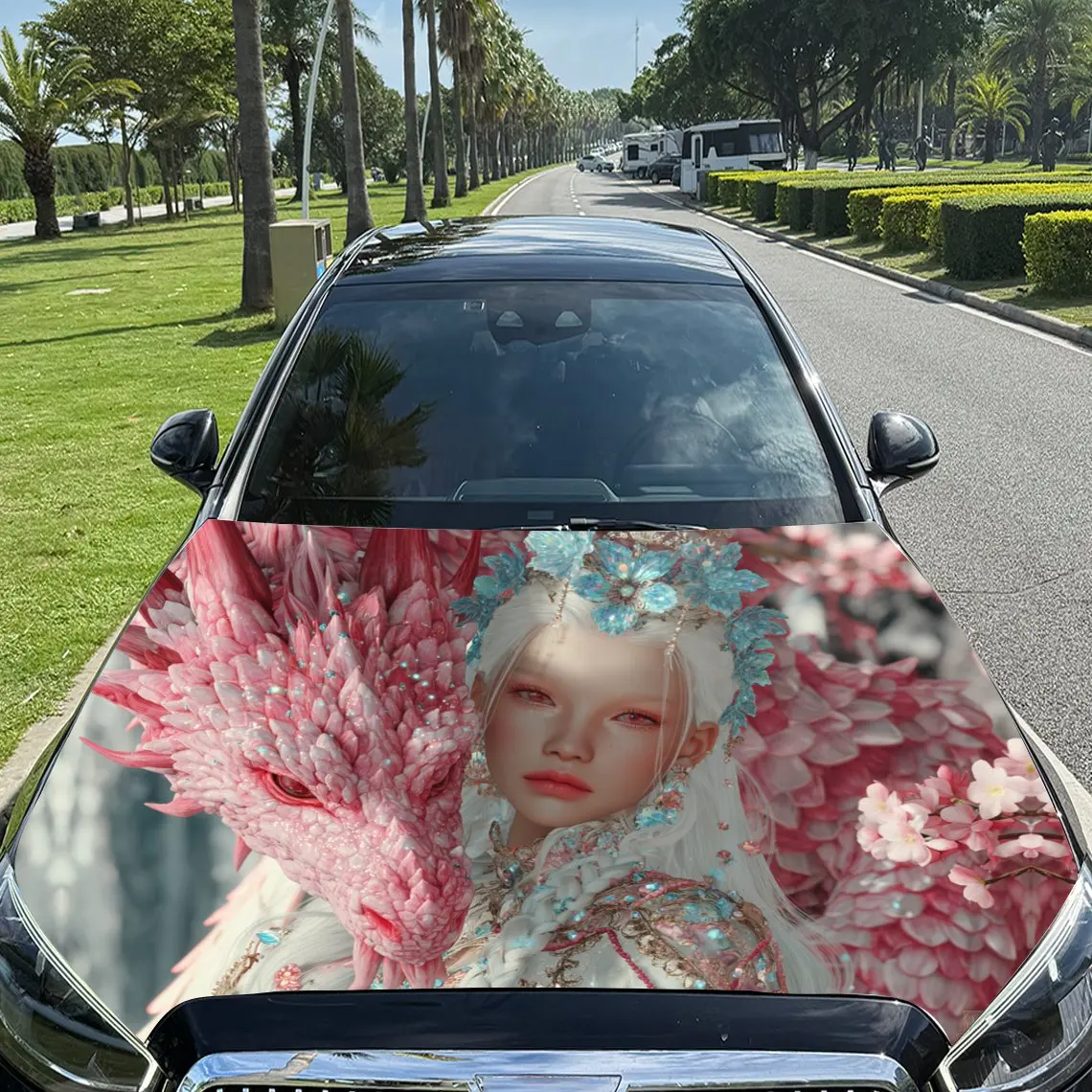 

Pink Dragon and Dreamy Girl Car Vinyl Wrap, PVC Material Waterproof Car Hood Sticker, Self-Adhesive Scratch-Resistant Stickers f