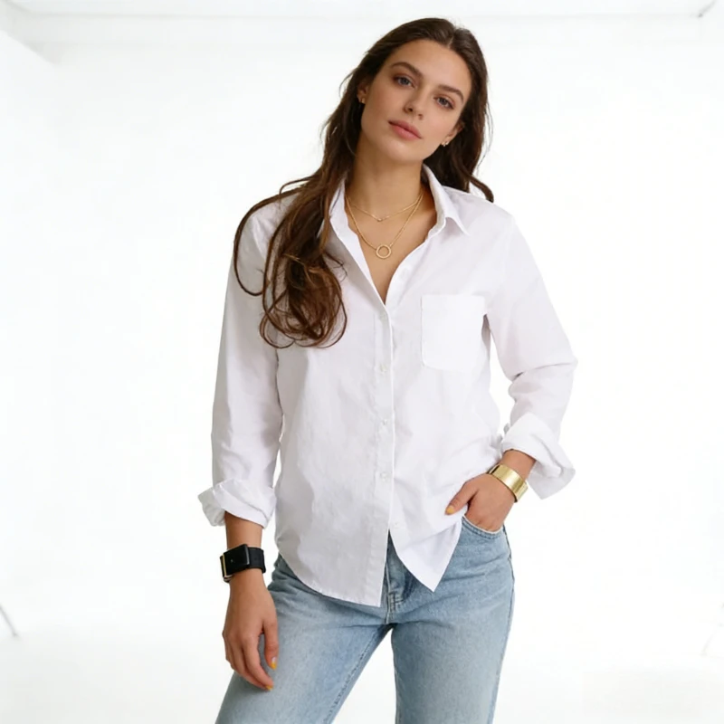 

Elegant Office Lady Shirt Oversized White Shirts for Women Casual Loose-fit Long-sleeve Button-down Blouse with Chest Pocket
