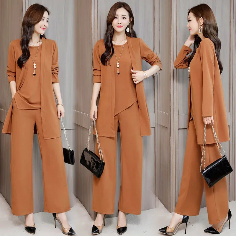 Women's Fashion Suit 2025 Spring Summer New Casual Plus Size Clothing Wide Leg Pants Crop Top And Coat Three Piece Set For Women