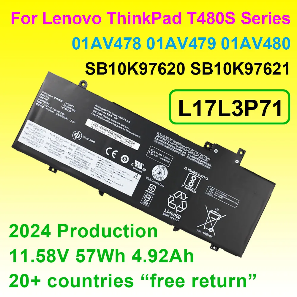 L17L3P71 01AV478 Battery For Lenovo ThinkPad T480S 01AV479 01AV480 L17M3P71 SB10K97620 Laptop Batteries 11.58V 57Wh 4920mAh