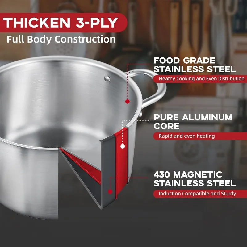 Tri-Ply Stainless Steel Stockpot com tampa de aço, 6 Quart, excelente distribuição de calor para deliciosas sopas, fogões e mais