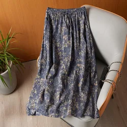 Women Casual Skirt New Arrival 2024 Summer Vintage Style Floral Print Cotton Linen Loose Female A-line Long Skirts B3657