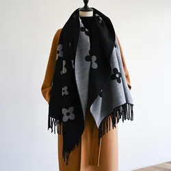 2024 Winter New Luxury Two-Sided Faux Cashmere Scarf Women Floral Print Outdoor Warm Thick Shawl Soft Muffler Neckerchief