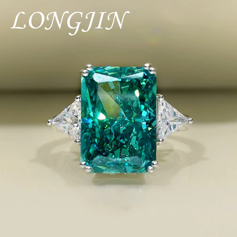 

S925 Sterling Silver 10*14mm Square Dark GreenHigh Carbon Diamond Ring Fashion Luxurious for Women's Jewelry Anniversary Gift