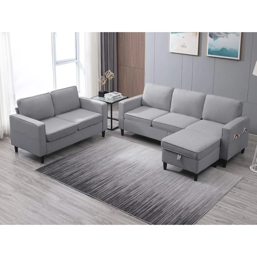 

78" Living Room Sofas Set of 3 with Storage Ottoman, Modular L Shape and Loveseat Sets, Convertible Sectional Sofas