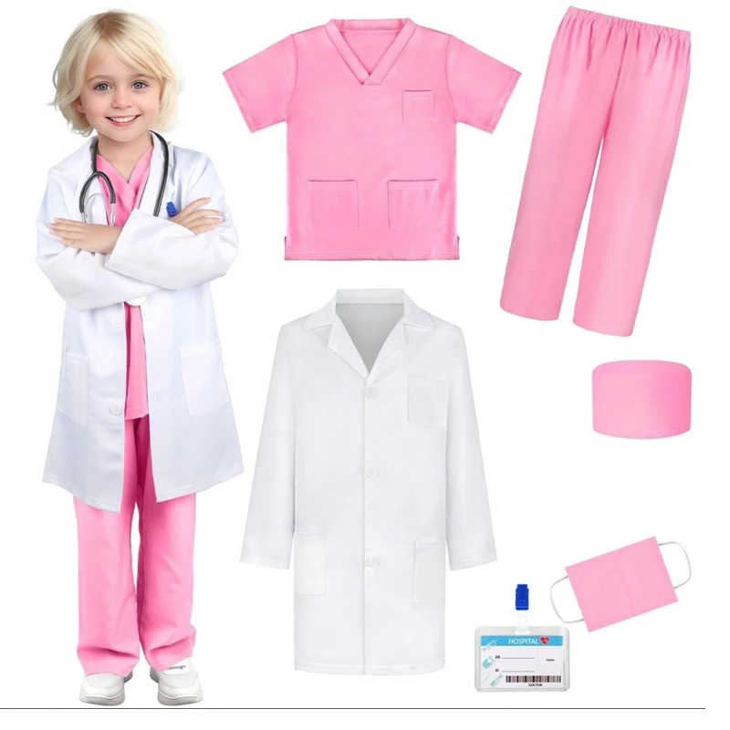 Seragam Bedah Kerja Perawat Dokter Simulasi Anak Laki-laki Perempuan dengan Set Kostum Pesta Halloween Permainan Peran Natal Balita