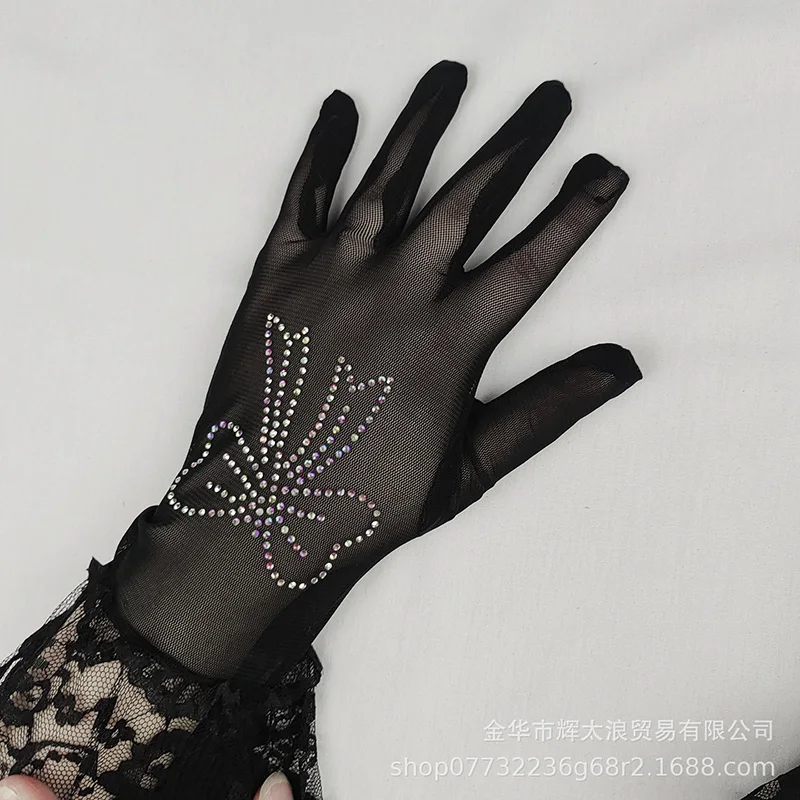 Women Elastic Mesh Hot Stamping With Colored Flash Diamonds Bow Lace Dance Mitten Summer Rhinestone Punk Hip Hop Sunscreen Glove