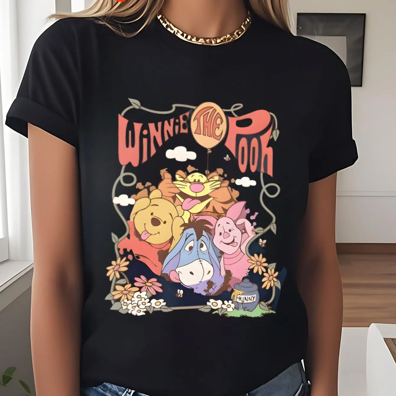 تي شيرت Innie The Pooh&Friends برسومات - بلوزة كاجوال برقبة دائرية وأكمام قصيرة مع تيجر، Piglet، Pooh، Eeyore، إلخ