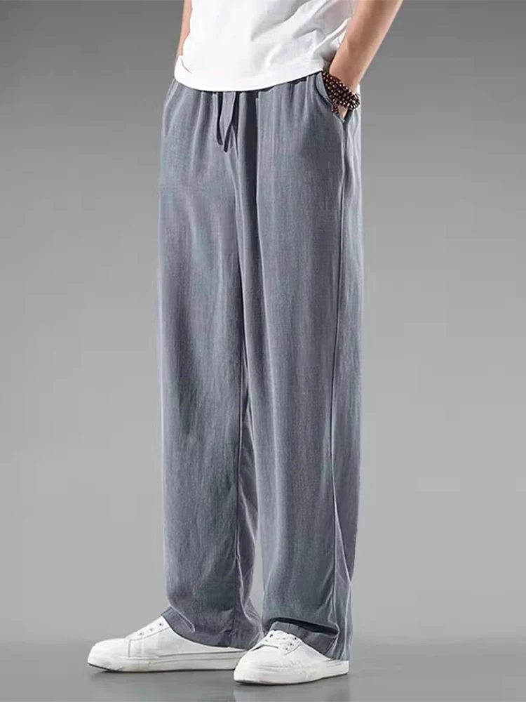 

Linen Men's Summer Thin Loose Drape Straight Casual Long Pants Trendy Large Size Wide Leg Cotton Linen Trousers