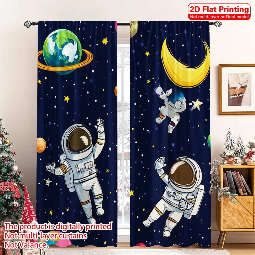 

2pcs 2D flat printing Christmas Curtain Space Cartoon Interesting Astronauts and Earth Moon Fabric Without Electricity Festive