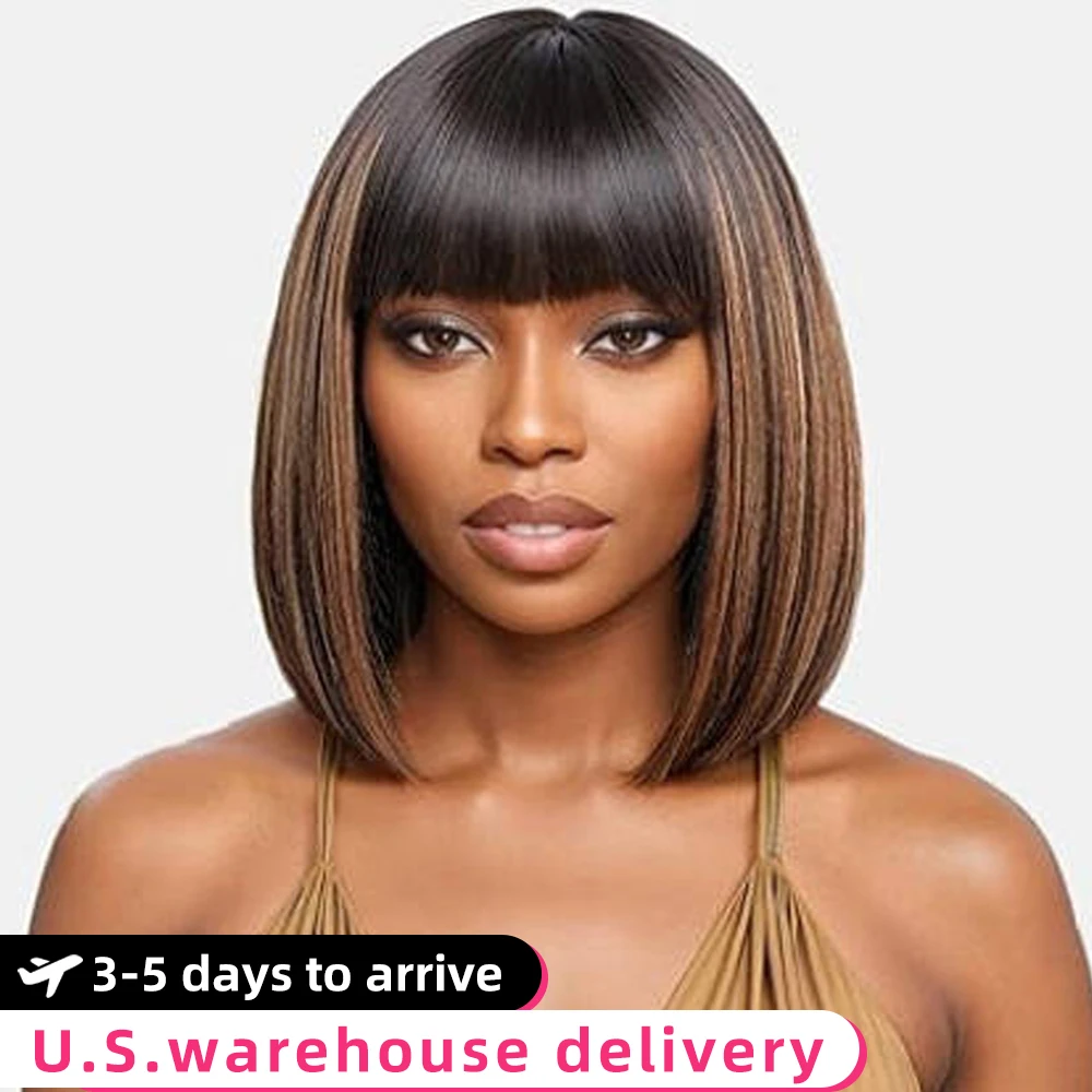 

Highlight 1b/30 Blonde Short Bob 2x1 Lace Human Hair Wig Ready To Go Brazilian Bone Straight Bob Wig with Bangs For Women 10inch