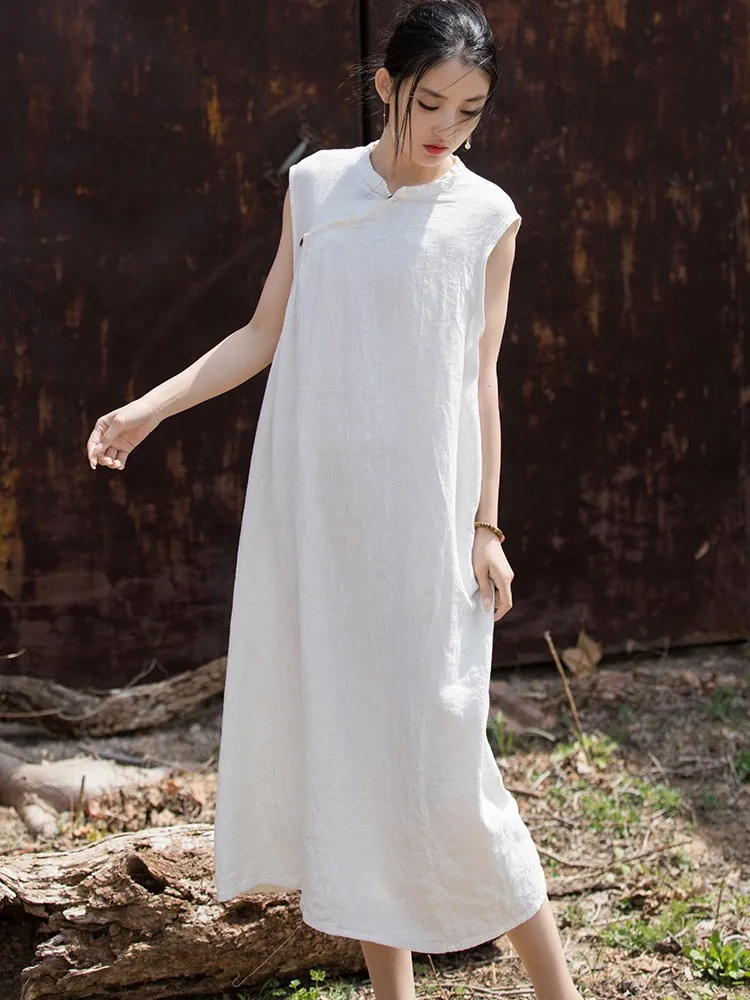 Abito casual in lino di cotone stile cinese donna nuovo arrivo 2025 abiti lunghi a trapezio femminili larghi con colletto alla coreana vintage estivo