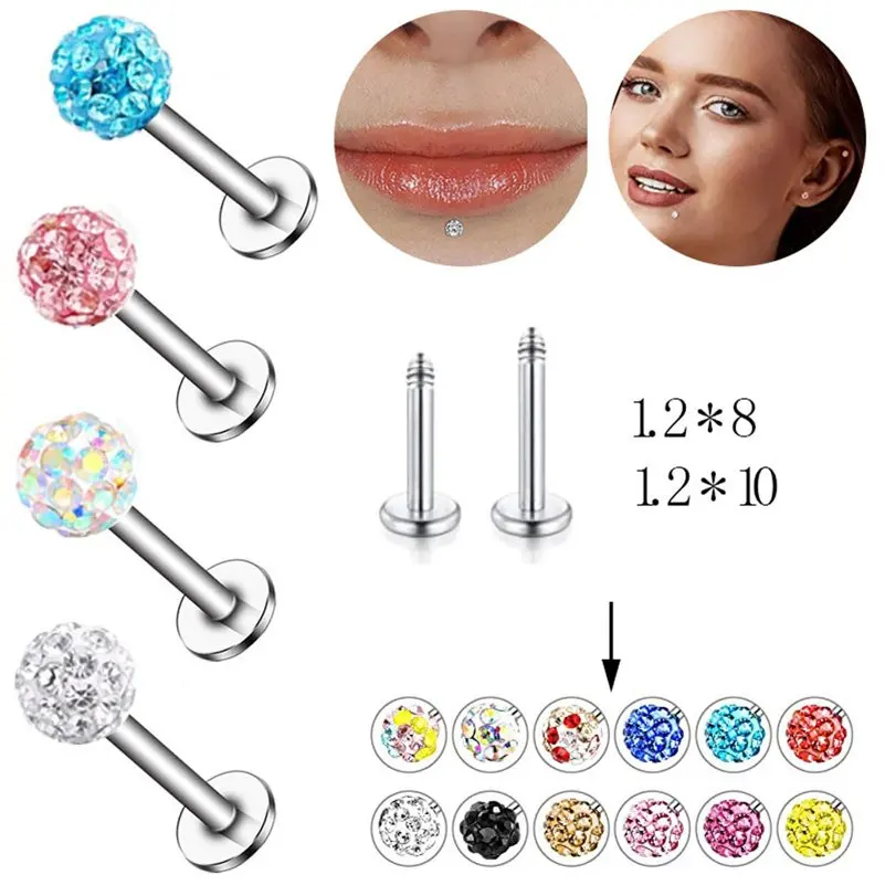 1pc Surgical Steel Crystal Ball Ear Cartilage Tragus Helix Piercing Labret Lip Studs Ring Internally Thread 16g Body Jewelry